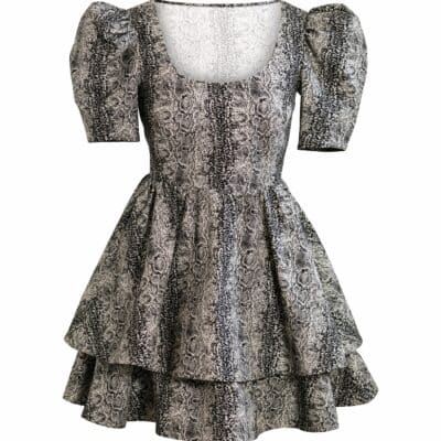 Kurzes schwarzes Kleid mit Animal Print oversize Puffärmel und Rundausschnitt Winterkleid Sommerkleid Herbstkleid Frühlingskleid